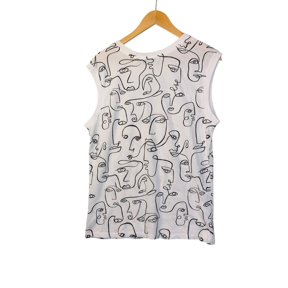 Wildfox Abstract Line Art Face Print Muscle Tank Top White Black L